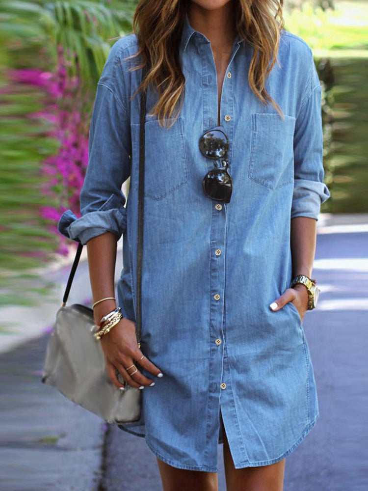 Long Sleeve Turn-down Collar Denim Mini Dress Casual Shirts