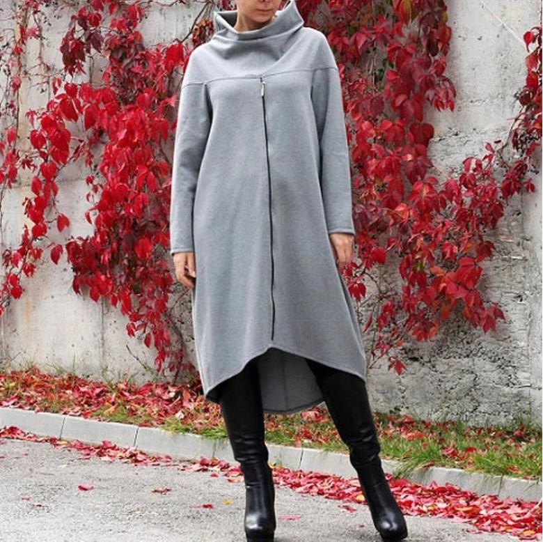 Solid color zipper long sleeve stand collar sweater dress