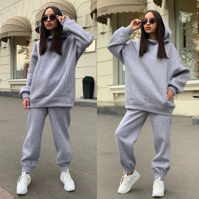 Fashion solid color Hoodie casual two piece set