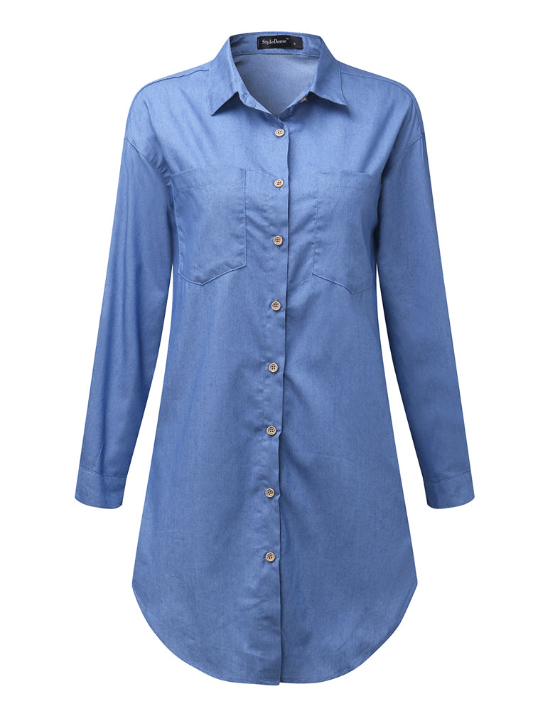 Long Sleeve Turn-down Collar Denim Mini Dress Casual Shirts